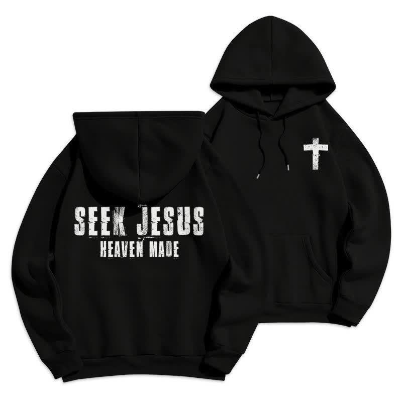 Christianartworkshop Felpa con cappuccio foderata in pile con stampa effetto invecchiato "Seek Jesus" sul retro. - Nero - 2XL - image 9