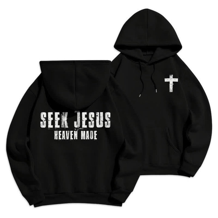 Christianartworkshop Felpa con cappuccio foderata in pile con stampa effetto invecchiato "Seek Jesus" sul retro. - Nero - 2XL - image 9