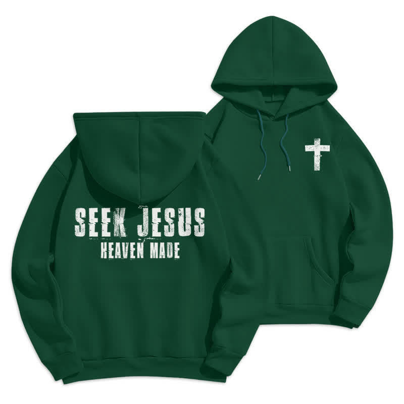 Christianartworkshop Felpa con cappuccio foderata in pile con stampa effetto invecchiato "Seek Jesus" sul retro. - Verde - 2XL - image 6