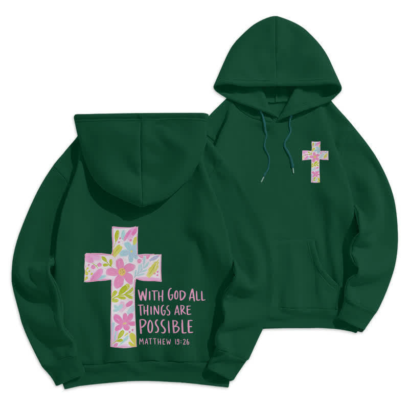 Christianartworkshop Con Dio tutto è possibile. Felpa con cappuccio con croce floreale. - Verde - 2XL - image 15