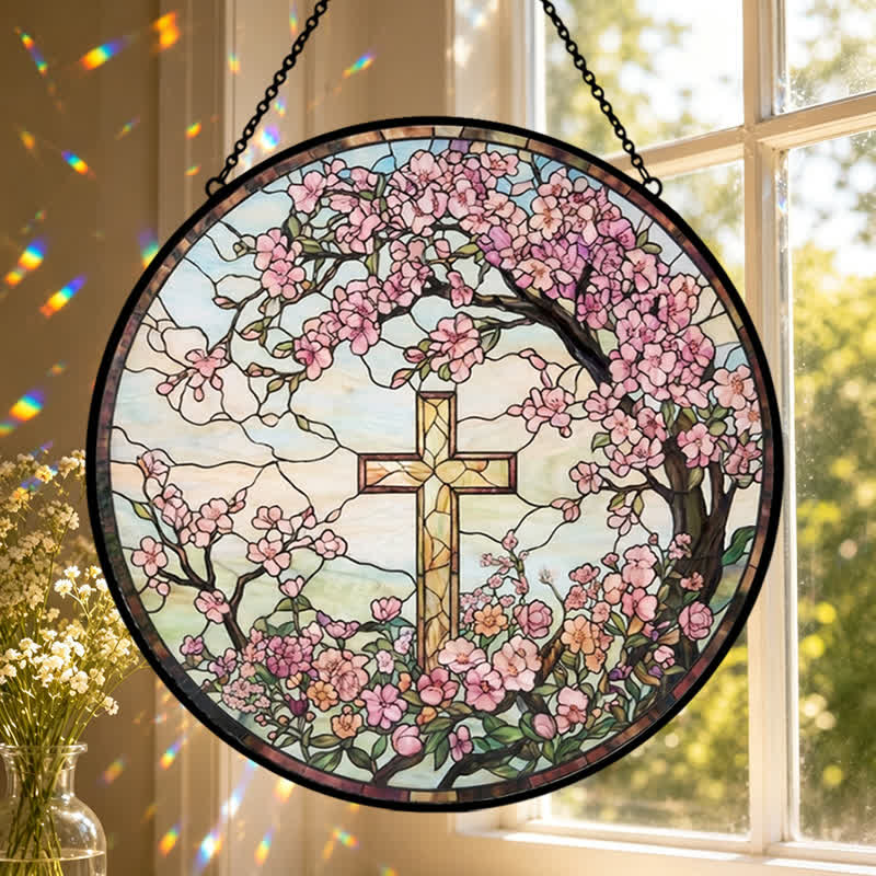 Christianartworkshop Croce da giardino floreale in vetro, acchiappasole: emblema di radiose benedizioni celesti. - image 0