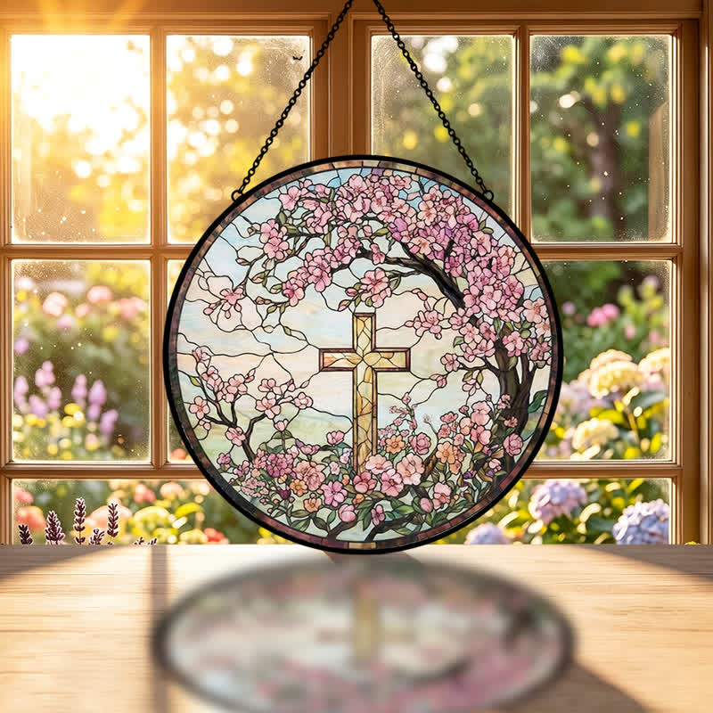 Christianartworkshop Croce da giardino floreale in vetro, acchiappasole: emblema di radiose benedizioni celesti. - image 1