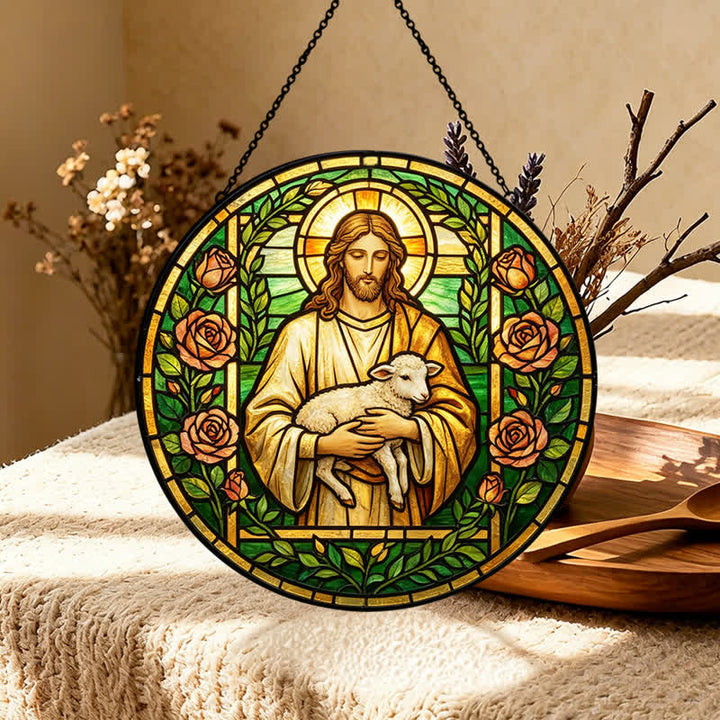 Christianartworkshop Acchiappasole in vetro con Gesù Buon Pastore: Emblema della tenera misericordia celeste - image 4