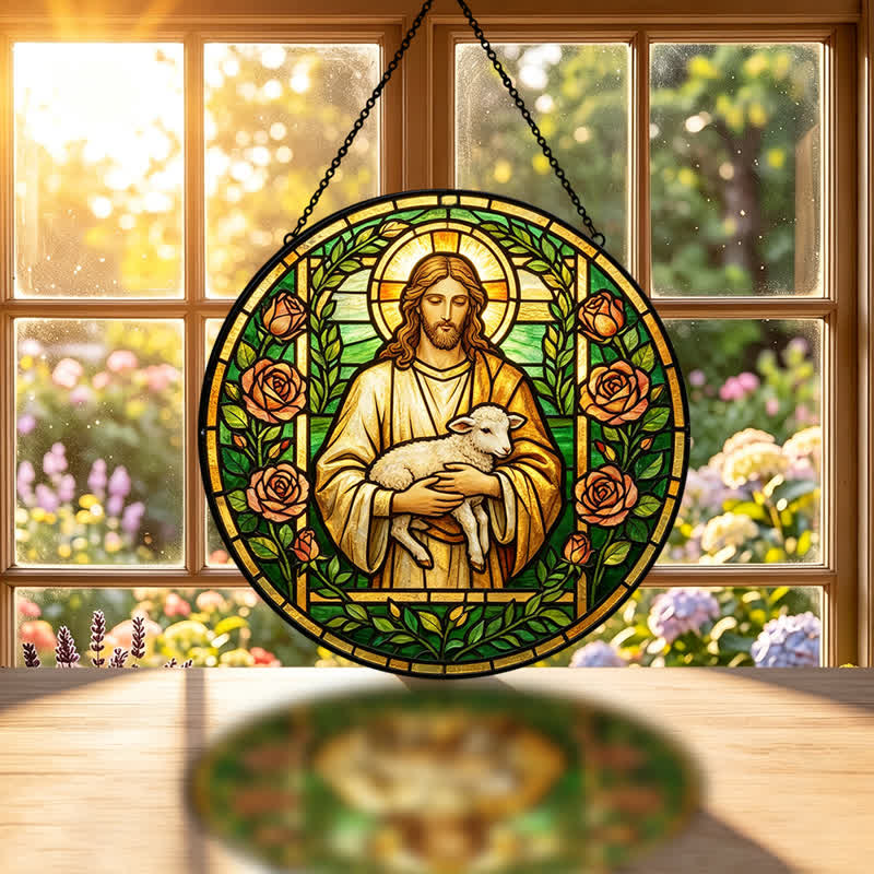 Christianartworkshop Acchiappasole in vetro con Gesù Buon Pastore: Emblema della tenera misericordia celeste - image 1