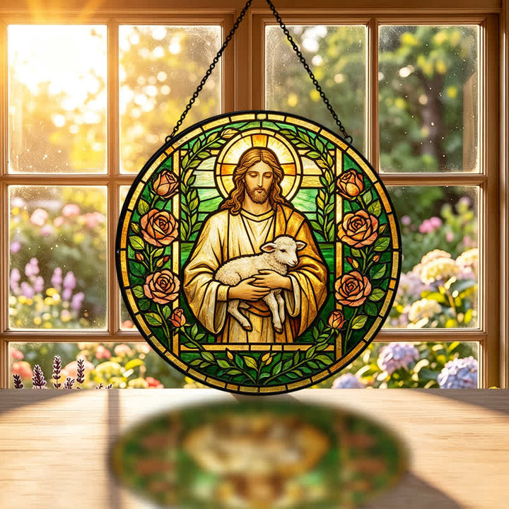 Christianartworkshop Acchiappasole in vetro con Gesù Buon Pastore: Emblema della tenera misericordia celeste - image 1
