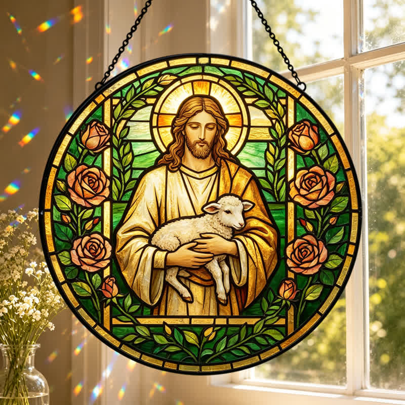 Christianartworkshop Acchiappasole in vetro con Gesù Buon Pastore: Emblema della tenera misericordia celeste - image 0