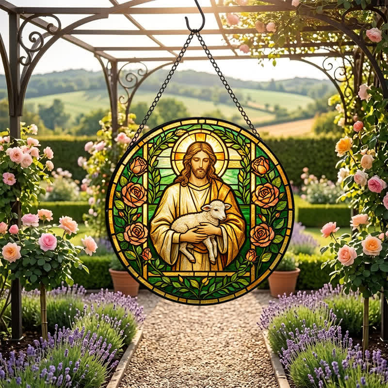 Christianartworkshop Acchiappasole in vetro con Gesù Buon Pastore: Emblema della tenera misericordia celeste - image 6
