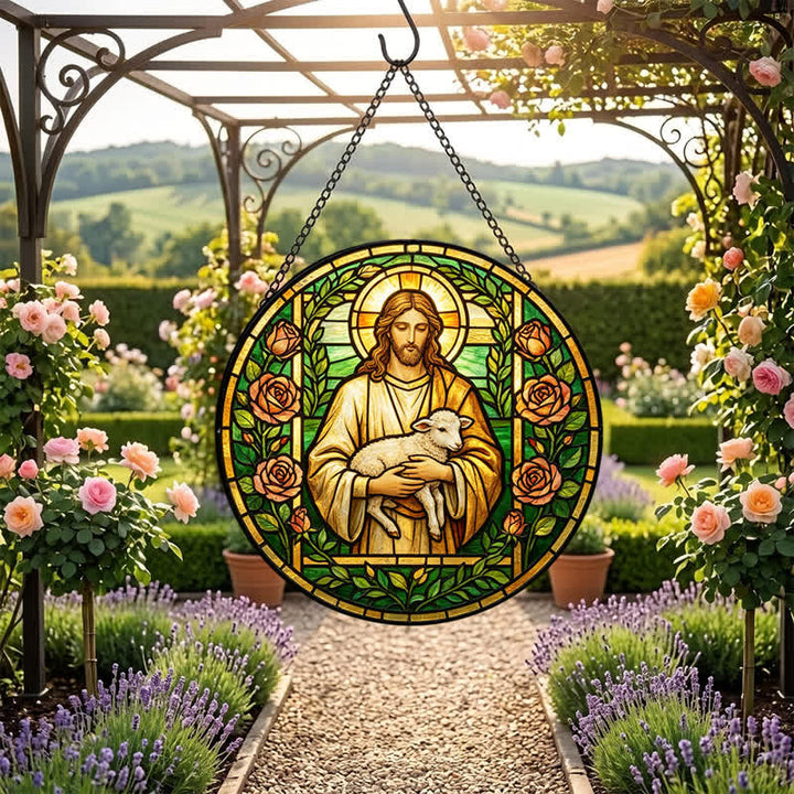 Christianartworkshop Acchiappasole in vetro con Gesù Buon Pastore: Emblema della tenera misericordia celeste - image 6