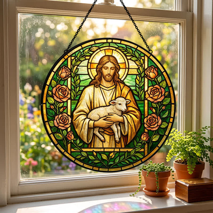Christianartworkshop Acchiappasole in vetro con Gesù Buon Pastore: Emblema della tenera misericordia celeste - image 2
