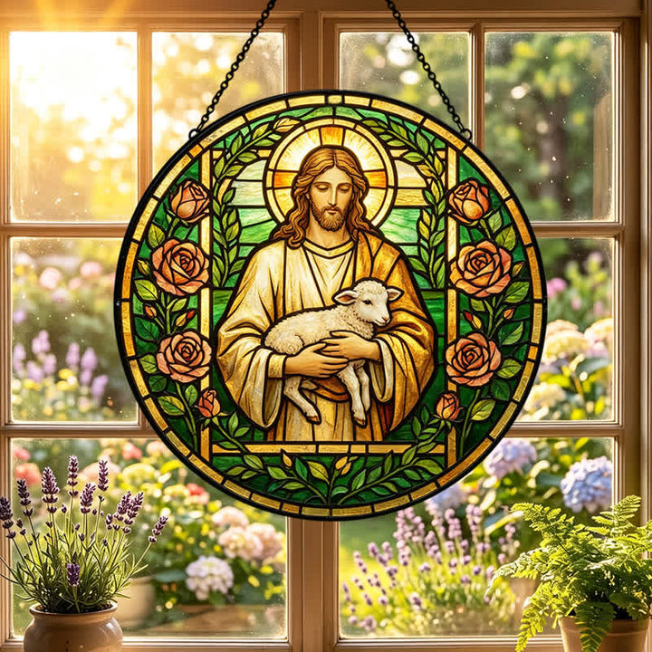 Christianartworkshop Acchiappasole in vetro con Gesù Buon Pastore: Emblema della tenera misericordia celeste - image 5