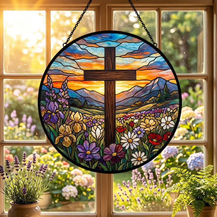 Christianartworkshop Acchiappasole in vetro Sunrise Meadow Cross: emblema di radiosa speranza celeste - image 5