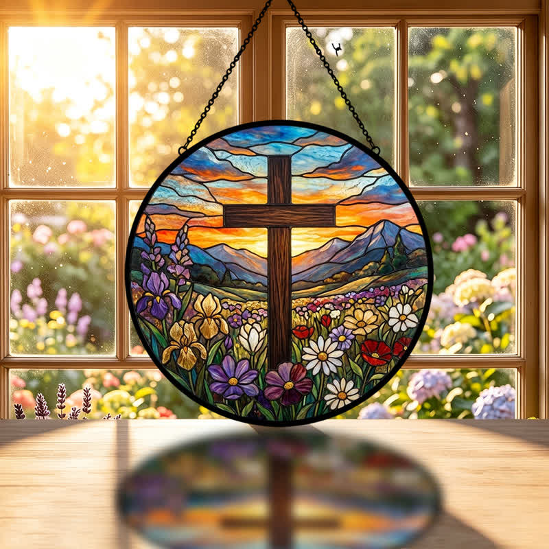 Christianartworkshop Acchiappasole in vetro Sunrise Meadow Cross: emblema di radiosa speranza celeste - image 1