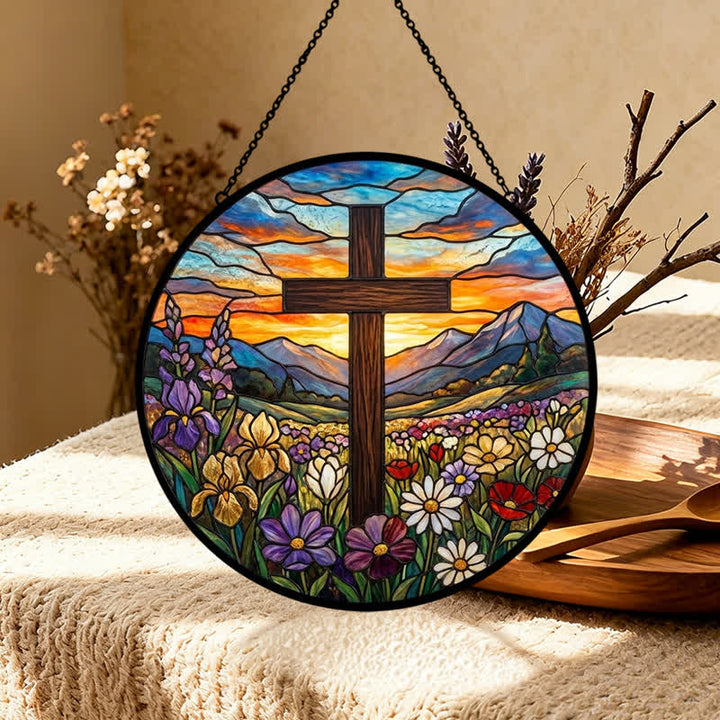 Christianartworkshop Acchiappasole in vetro Sunrise Meadow Cross: emblema di radiosa speranza celeste - image 4