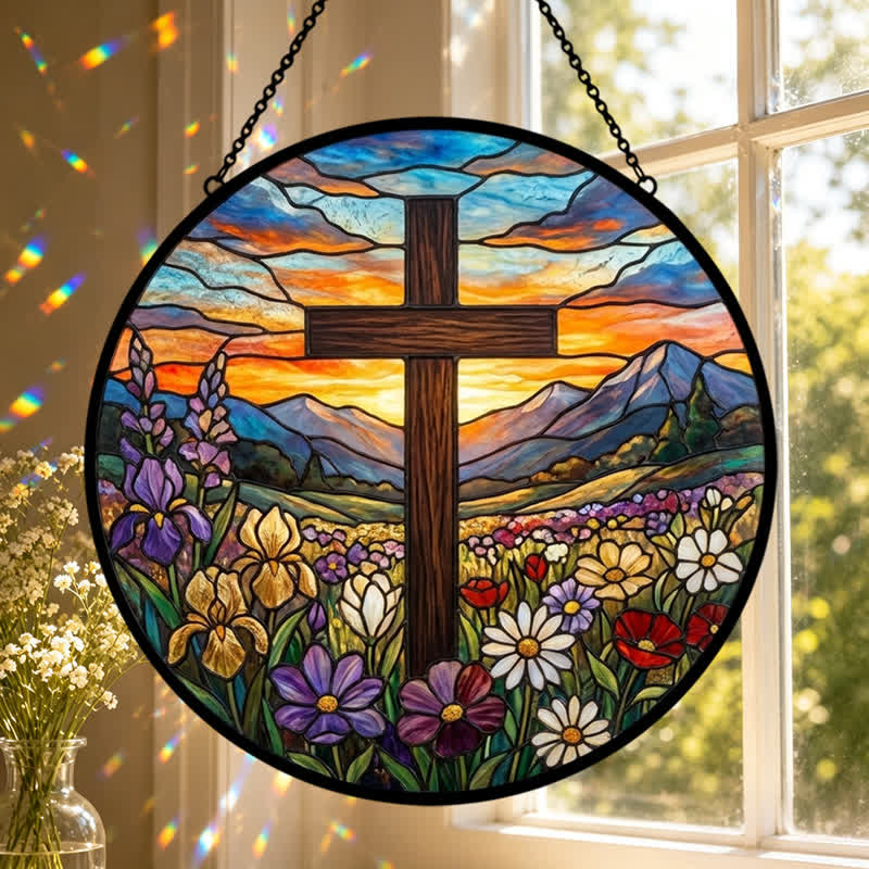 Christianartworkshop Acchiappasole in vetro Sunrise Meadow Cross: emblema di radiosa speranza celeste - image 0