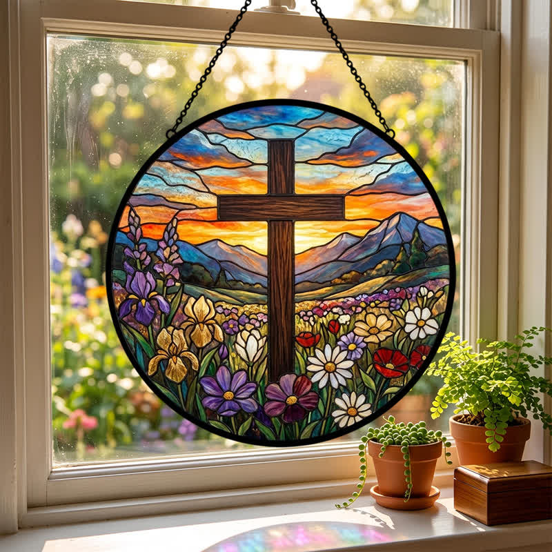 Christianartworkshop Acchiappasole in vetro Sunrise Meadow Cross: emblema di radiosa speranza celeste - image 2