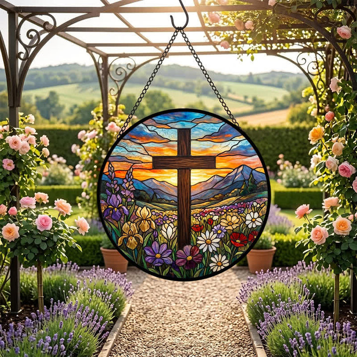 Christianartworkshop Acchiappasole in vetro Sunrise Meadow Cross: emblema di radiosa speranza celeste - image 6