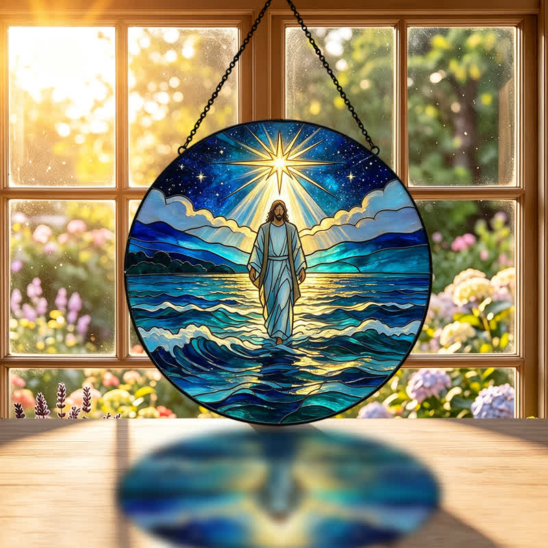 Christianartworkshop Acchiappasole in vetro "Gesù dell'Oceano della Notte Profonda": Emblema di Sacra Autorità Calmante - image 1