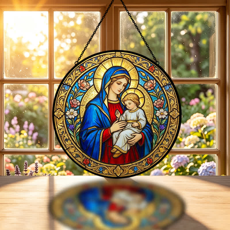 Christianartworkshop Acchiappasole vintage in vetro con la Madonna e il Bambino: emblema di tenera grazia celeste - image 1