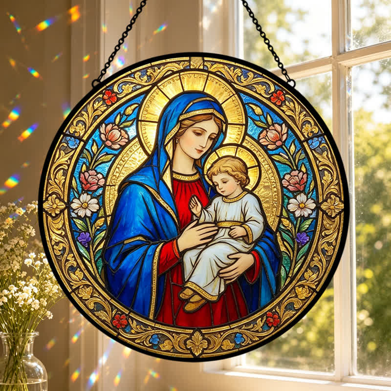 Christianartworkshop Acchiappasole vintage in vetro con la Madonna e il Bambino: emblema di tenera grazia celeste - image 0