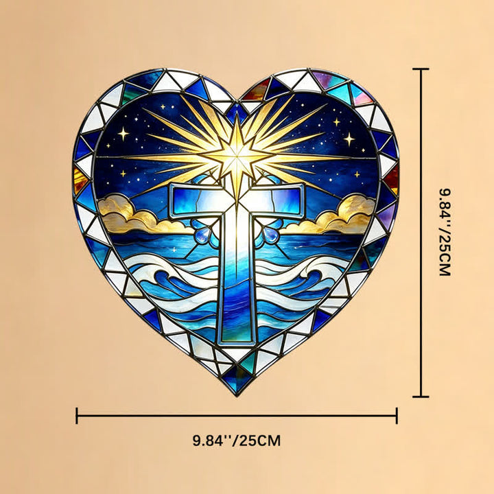Christianartworkshop Elegante acchiappasole in vetro con contorno a forma di cuore e croce: emblema di calda e sacra grazia. - 5,91''*5,91''*0,14''/15*15*0,35 cm - image 7