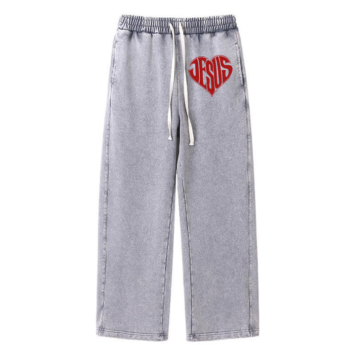 Christianartworkshop Pantaloni della tuta lavati a vestibilità comoda con cuore di Gesù - Grigio - 2XL - image 0
