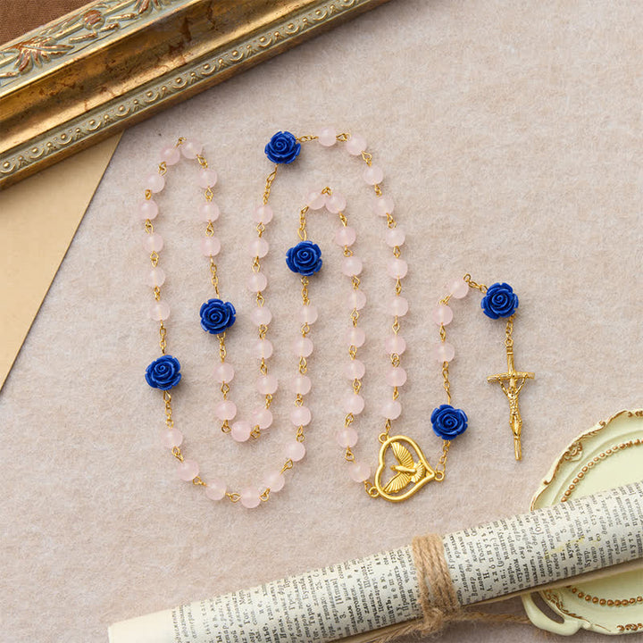 Christianartworkshop Rosario celeste in vetro blu reale con rosa e cuore dello Spirito Santo e crocifisso - image 4