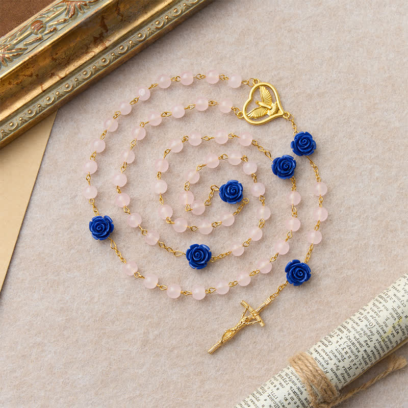 Christianartworkshop Rosario celeste in vetro blu reale con rosa e cuore dello Spirito Santo e crocifisso - image 5