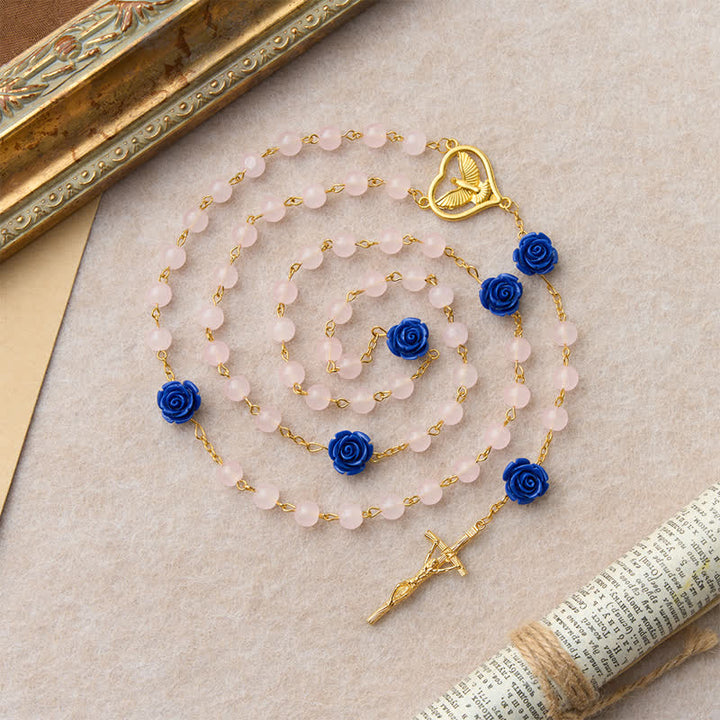 Christianartworkshop Rosario celeste in vetro blu reale con rosa e cuore dello Spirito Santo e crocifisso - image 5