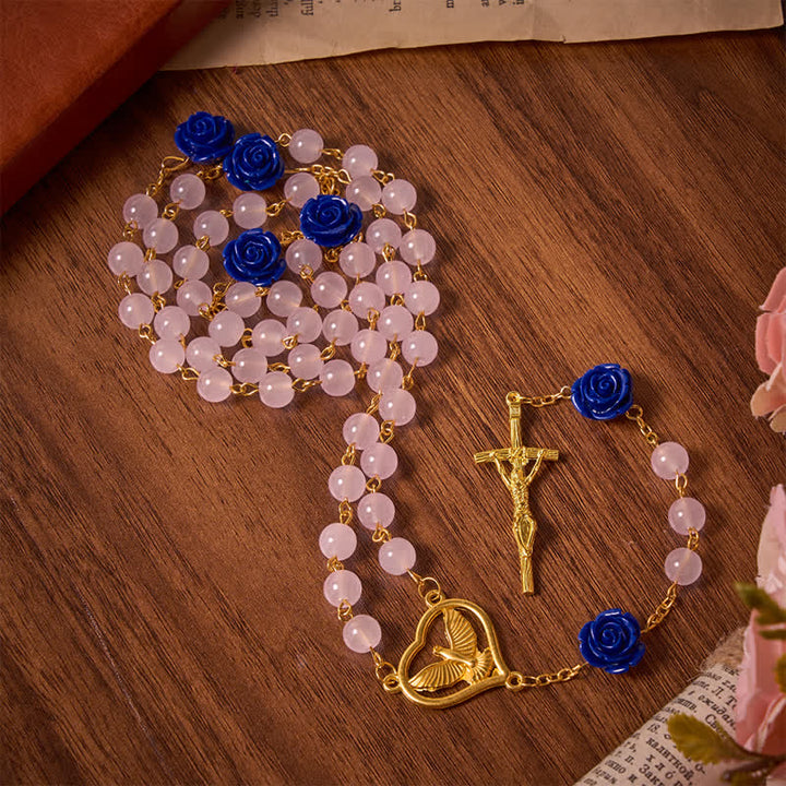 Christianartworkshop Rosario celeste in vetro blu reale con rosa e cuore dello Spirito Santo e crocifisso - image 2