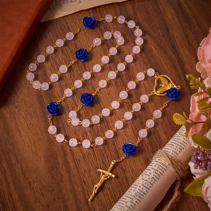 Christianartworkshop Rosario celeste in vetro blu reale con rosa e cuore dello Spirito Santo e crocifisso - Rosario della Rosa dello Spirito Santo - image 0