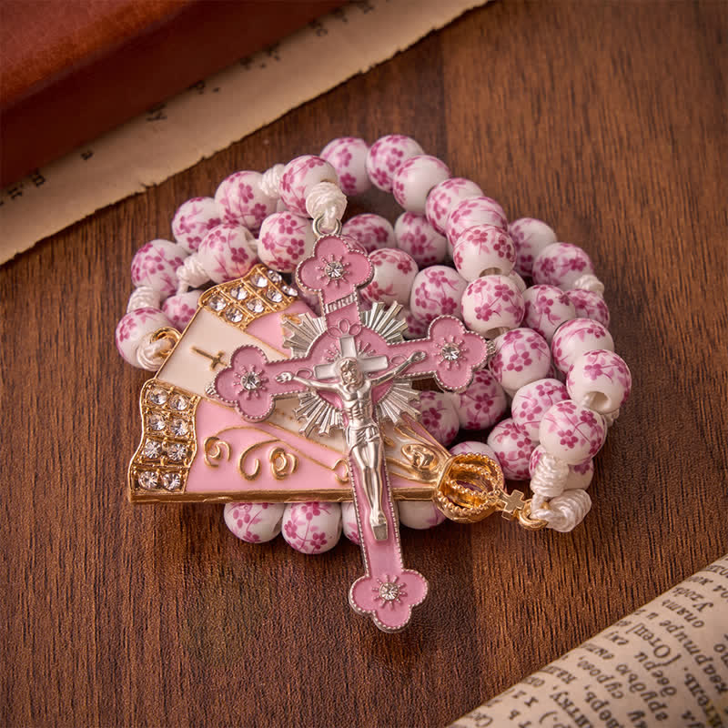 Christianartworkshop Rosario con perline di porcellana rosa a motivi floreali e medaglione della Madonna di Aparecida - image 3