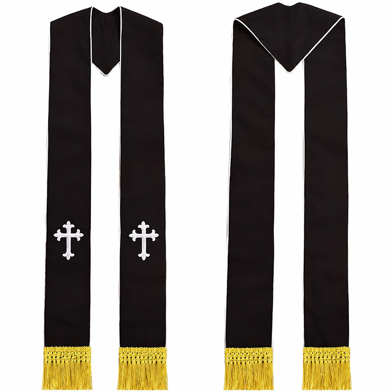 Stola da clero tradizionale multicolore Christianartworkshop : ricamo a croce e dettagli con nappe dorate. - Bianco-1 - Liturgia standard (270 cm totali) - image 0
