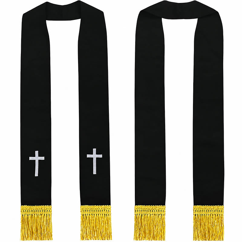 Stola da clero tradizionale multicolore Christianartworkshop : ricamo a croce e dettagli con nappe dorate. - Bianco-2 - Liturgia standard (270 cm totali) - image 1