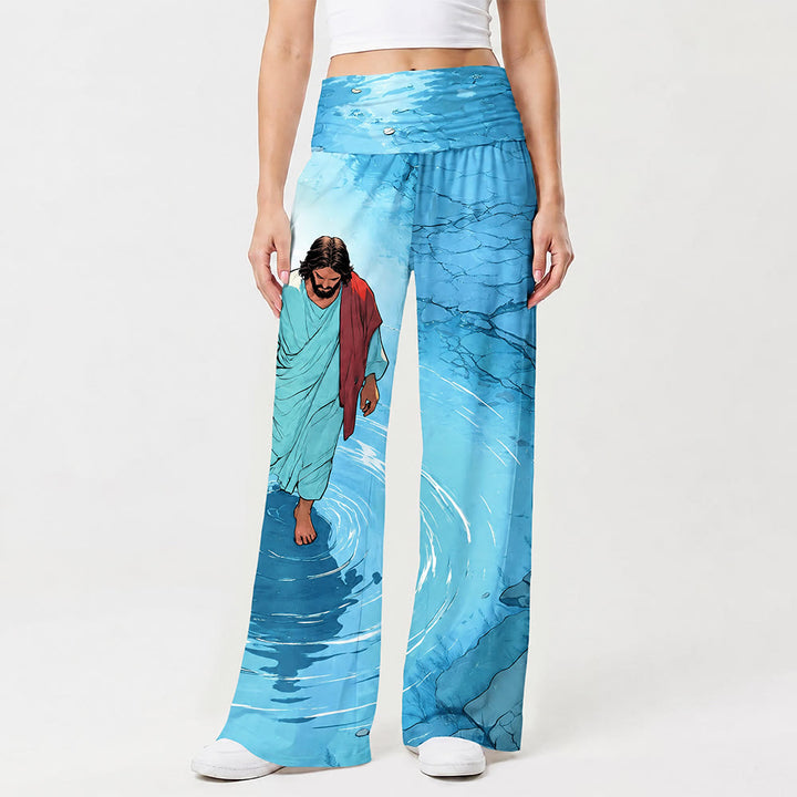 Christianartworkshop Gesù che cammina sull'acqua Lago increspato Fumetto Arte Casual Fede Pantaloni da donna a gamba larga - US22,UK/AU26,EU54 (6XL) - image 0