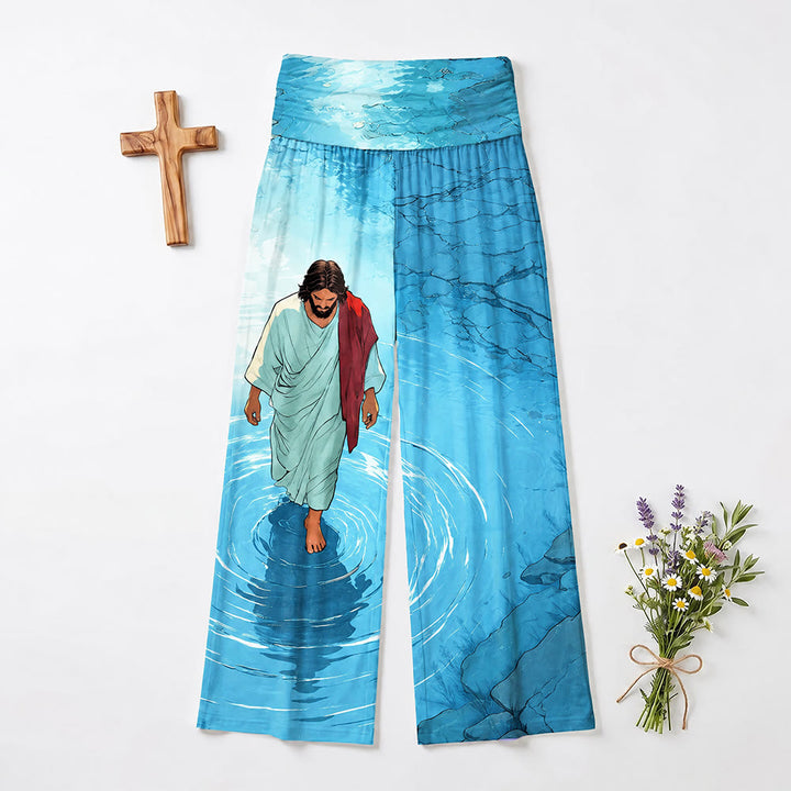 Christianartworkshop Gesù che cammina sull'acqua Lago increspato Fumetto Arte Casual Fede Pantaloni da donna a gamba larga - image 2
