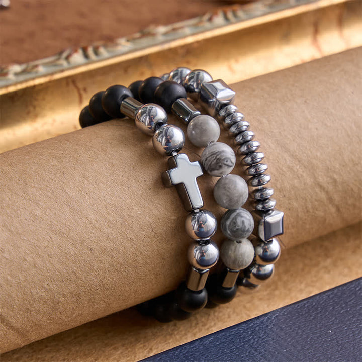Christianartworkshop Bracciale con croce a strati in pietra e rame: simbolo di dolce protezione divina. - image 1