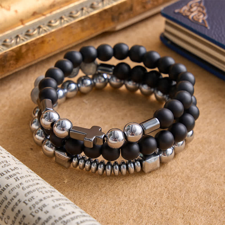 Christianartworkshop Bracciale con croce a strati in pietra e rame: simbolo di dolce protezione divina. - image 4