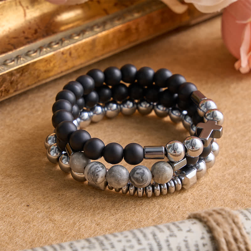 Christianartworkshop Bracciale con croce a strati in pietra e rame: simbolo di dolce protezione divina. - image 5