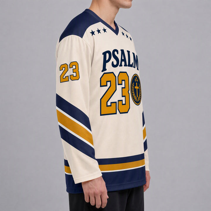 Christianartworkshop Salmo 23 Versetto del Pastore Maglia da hockey blu navy e oro - image 4