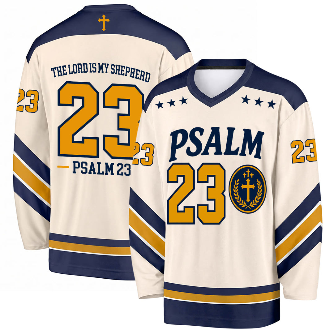 Christianartworkshop Salmo 23 Versetto del Pastore Maglia da hockey blu navy e oro - 5XL - image 0