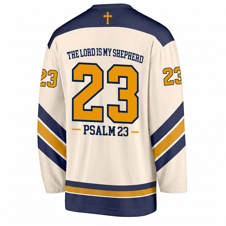 Christianartworkshop Salmo 23 Versetto del Pastore Maglia da hockey blu navy e oro - image 2