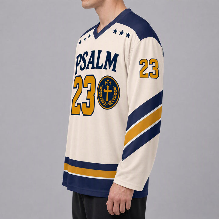 Christianartworkshop Salmo 23 Versetto del Pastore Maglia da hockey blu navy e oro - image 5