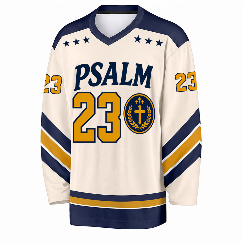 Christianartworkshop Salmo 23 Versetto del Pastore Maglia da hockey blu navy e oro - image 1