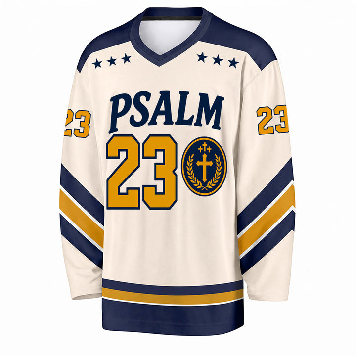 Christianartworkshop Salmo 23 Versetto del Pastore Maglia da hockey blu navy e oro - image 1