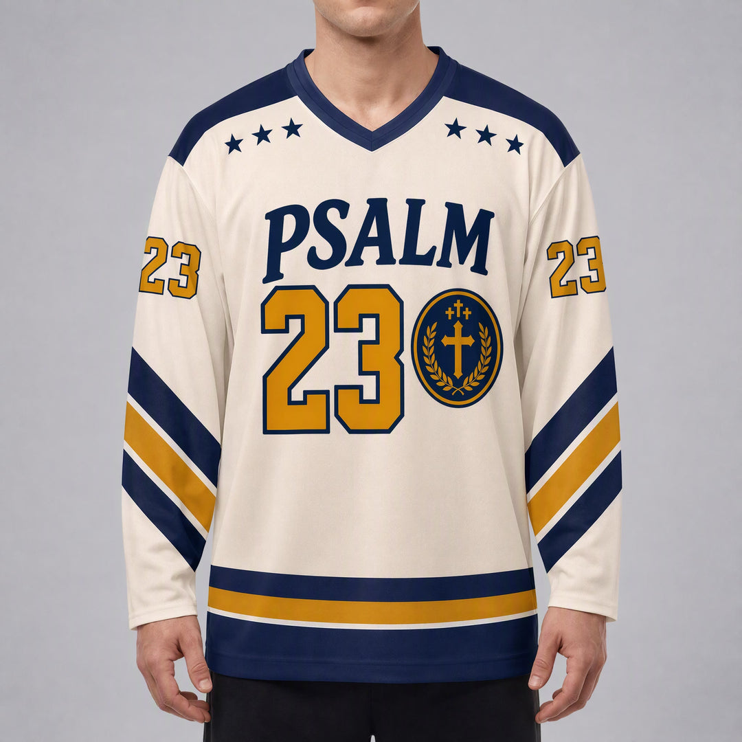 Christianartworkshop Salmo 23 Versetto del Pastore Maglia da hockey blu navy e oro - image 3