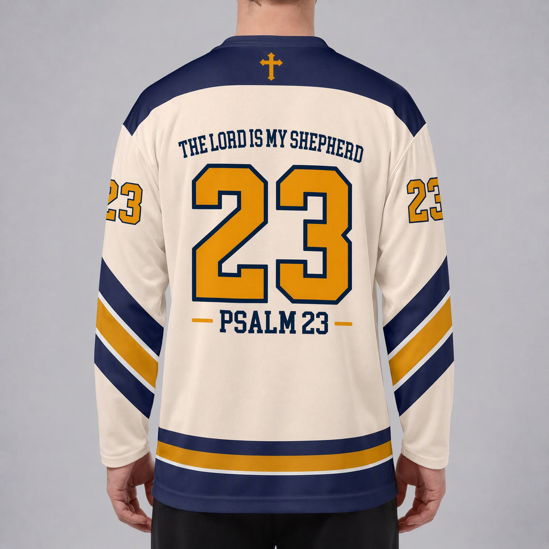 Christianartworkshop Salmo 23 Versetto del Pastore Maglia da hockey blu navy e oro - image 6