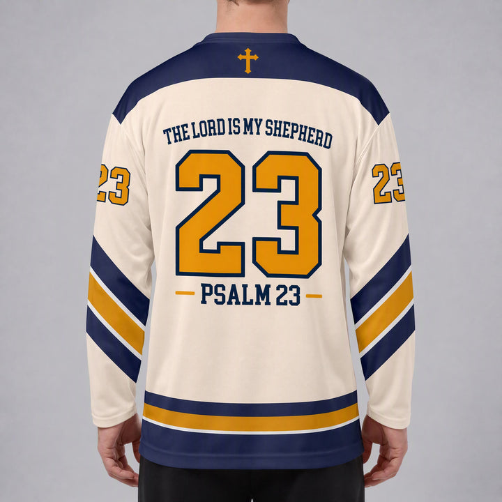 Christianartworkshop Salmo 23 Versetto del Pastore Maglia da hockey blu navy e oro - image 6