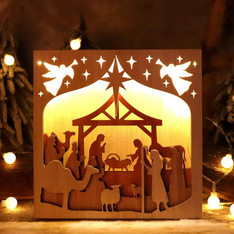 Christianartworkshop Presepe in legno autoportante con teca illuminata: emblema di quieta e divina serenità. - image 2