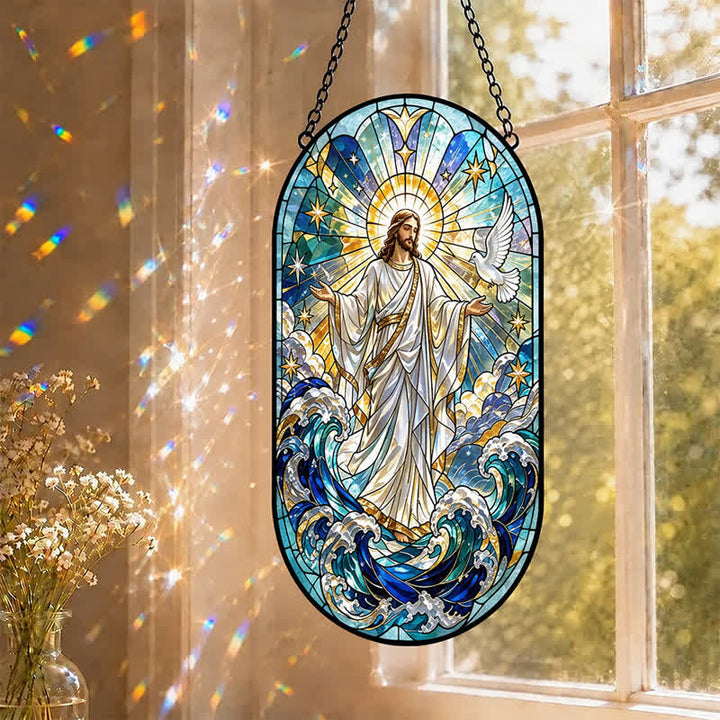Christianartworkshop - Acchiappasole decorativo in vetro con Gesù Sacro da appendere: portatore di quieta devozione - image 0