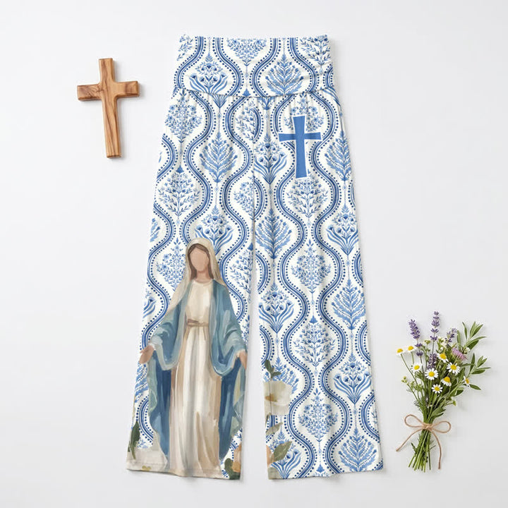 Christianartworkshop Pantaloni palazzo da donna a gamba larga con croce della Madonna blu e bianca - US22,UK/AU26,EU54 - image 0